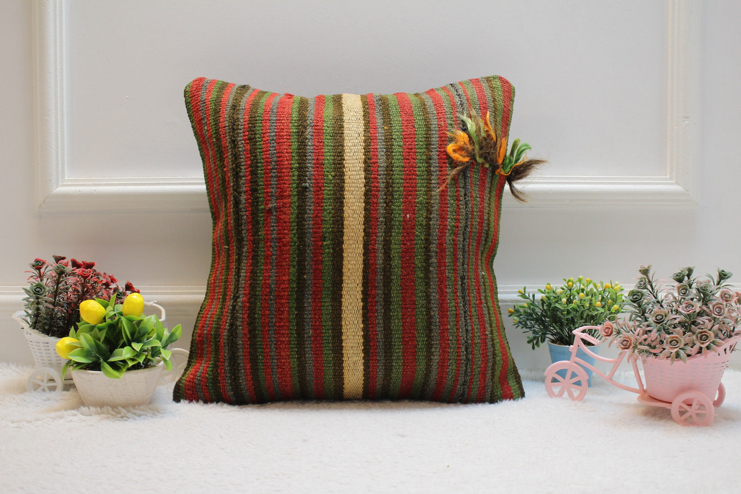 Handmade Striped Kilim Pillow Cover: Organic Wool Throw Pillow (16x16 in)