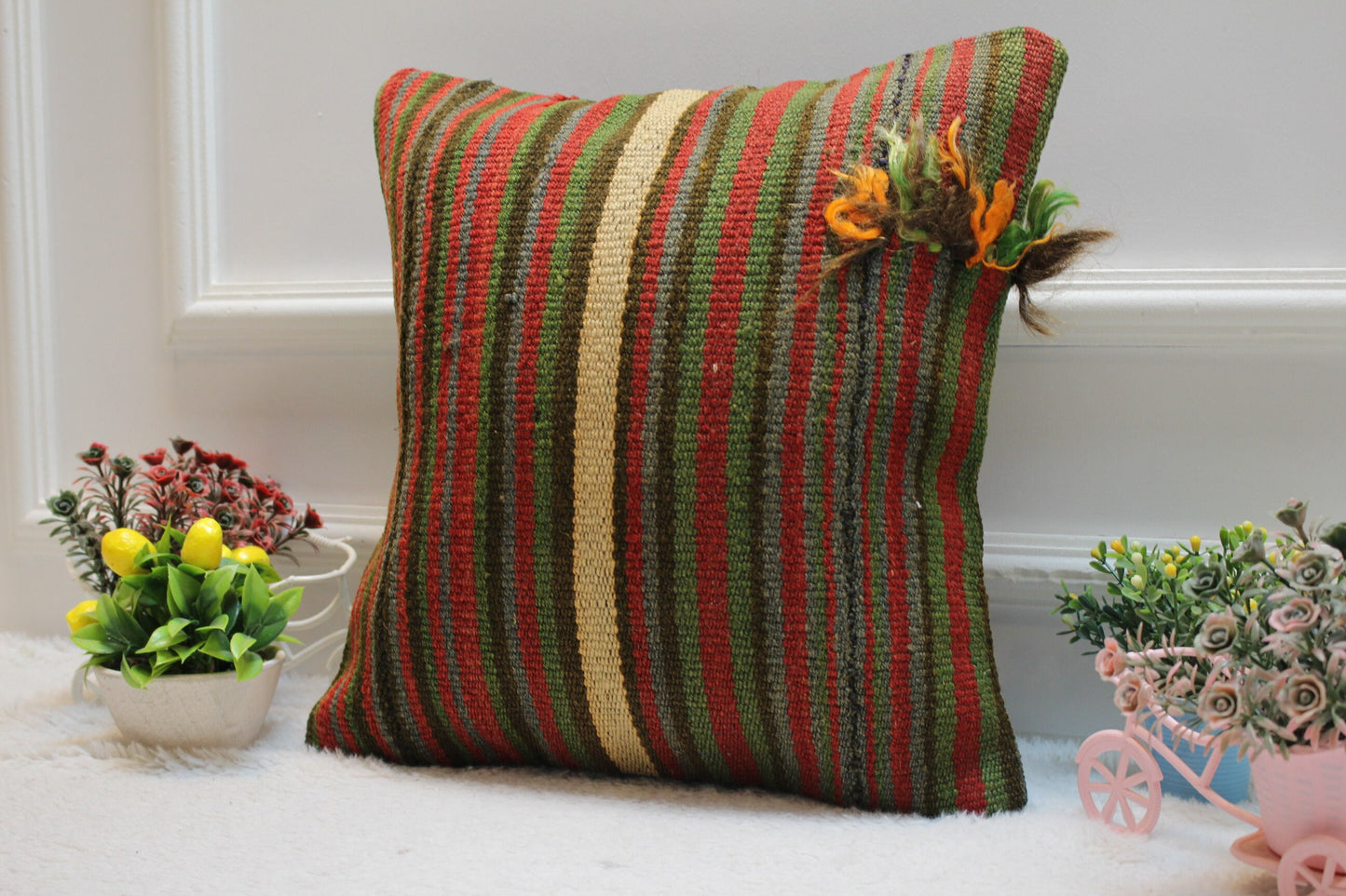 Handmade Striped Kilim Pillow Cover: Organic Wool Throw Pillow (16x16 in)