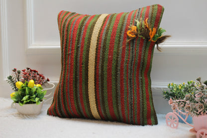 Handmade Striped Kilim Pillow Cover: Organic Wool Throw Pillow (16x16 in)