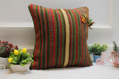 Handmade Striped Kilim Pillow Cover: Organic Wool Throw Pillow (16x16 in)