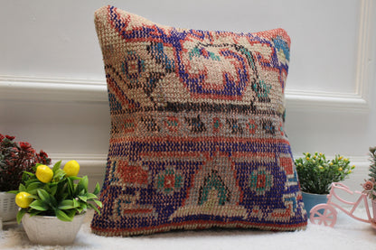 Handmade Kilim Pillow Cover: Upcycled Wool Rug, 16x16 inc