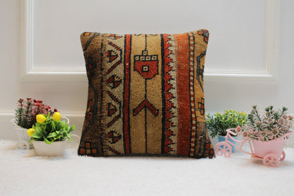 Handmade Kilim Pillow Cover: Upcycled Woven Wool, Ethnic Design (16x16 in)