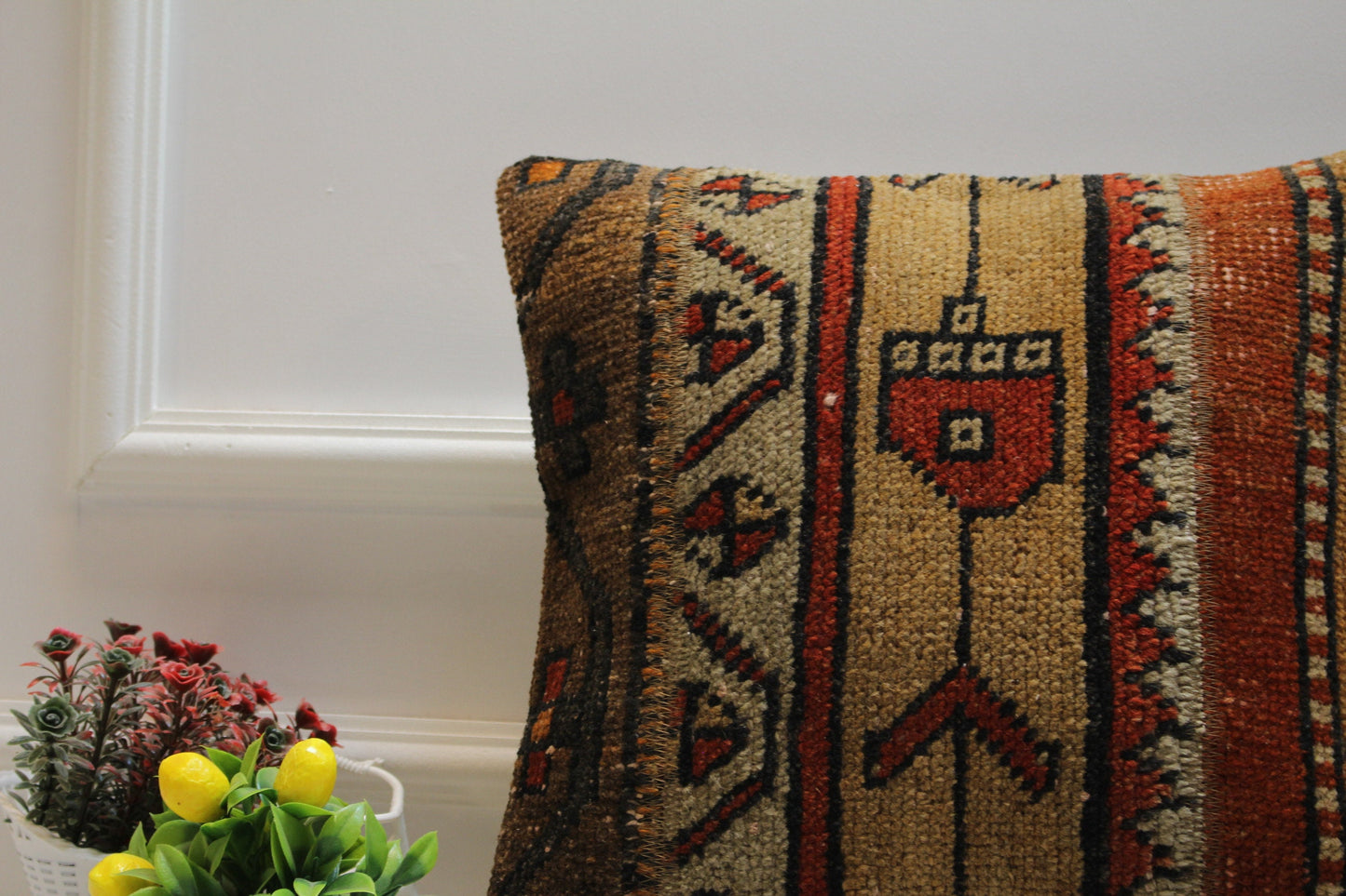 Handmade Kilim Pillow Cover: Upcycled Woven Wool, Ethnic Design (16x16 in)