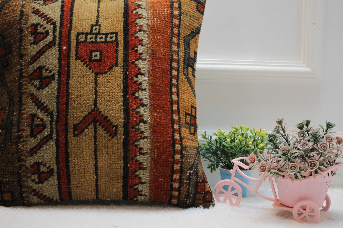 Handmade Kilim Pillow Cover: Upcycled Woven Wool, Ethnic Design (16x16 in)