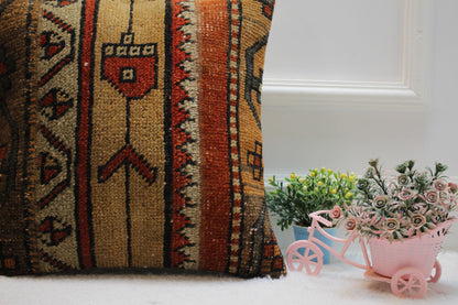 Handmade Kilim Pillow Cover: Upcycled Woven Wool, Ethnic Design (16x16 in)