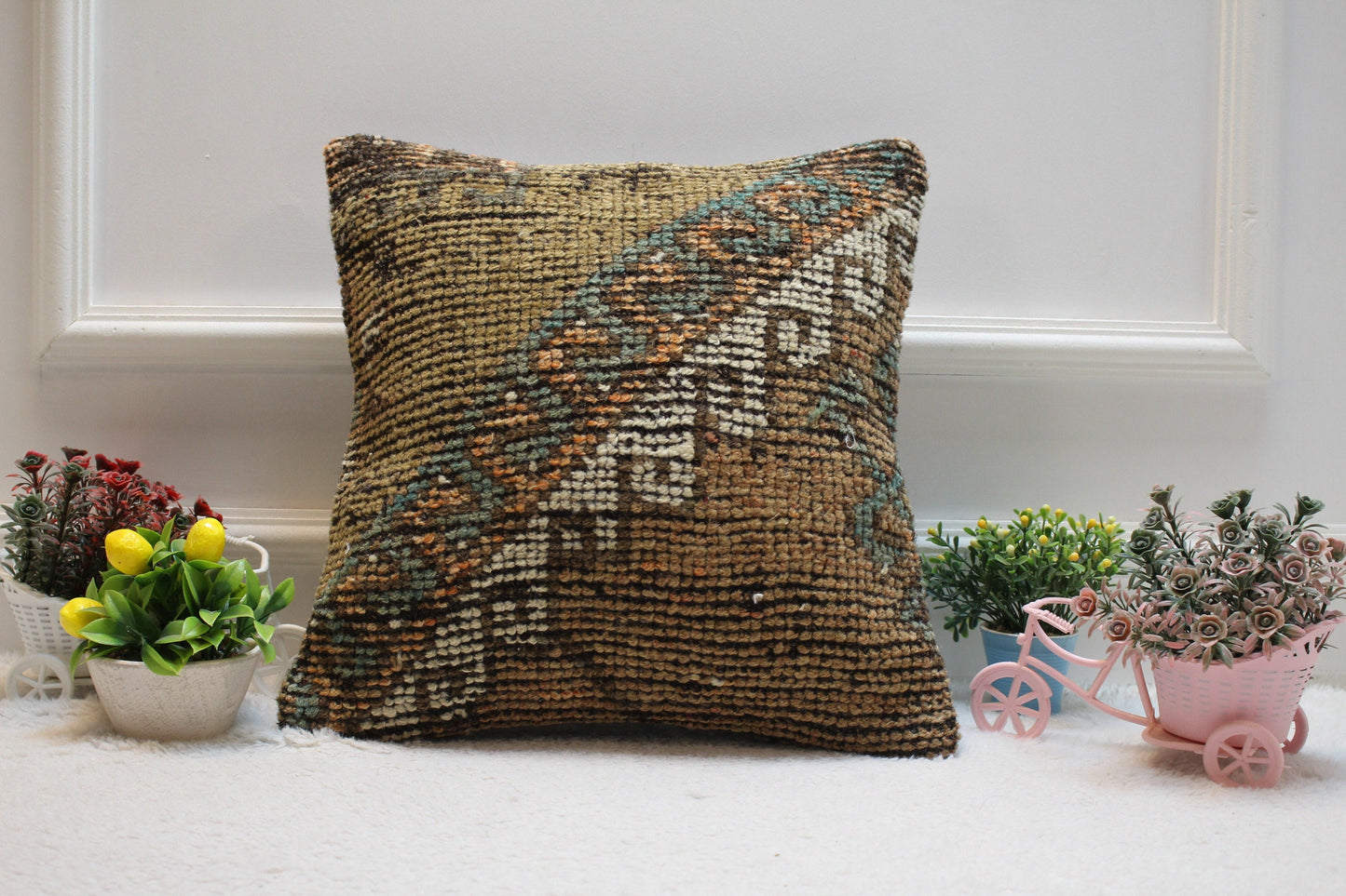 Geometric Turkish Rug Pillow Cover: Brown Wool Kilim, 16x16 inch