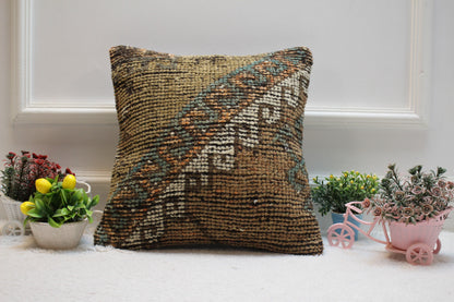 Geometric Turkish Rug Pillow Cover: Brown Wool Kilim, 16x16 inch