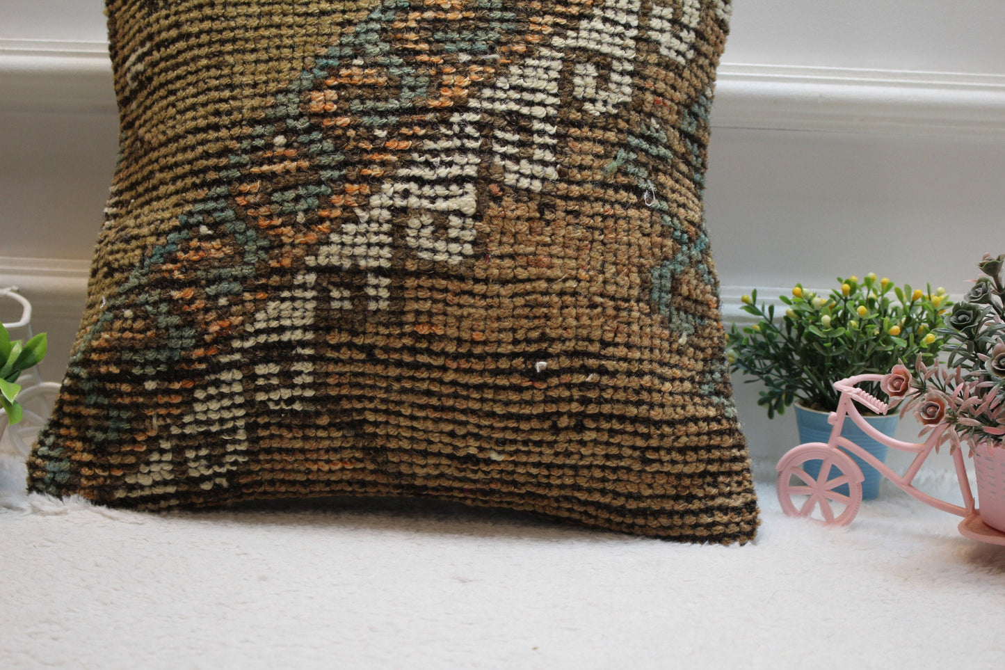 Geometric Turkish Rug Pillow Cover: Brown Wool Kilim, 16x16 inch