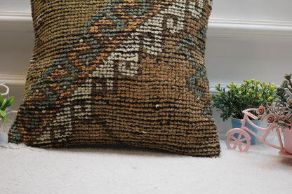Geometric Turkish Rug Pillow Cover: Brown Wool Kilim, 16x16 inch