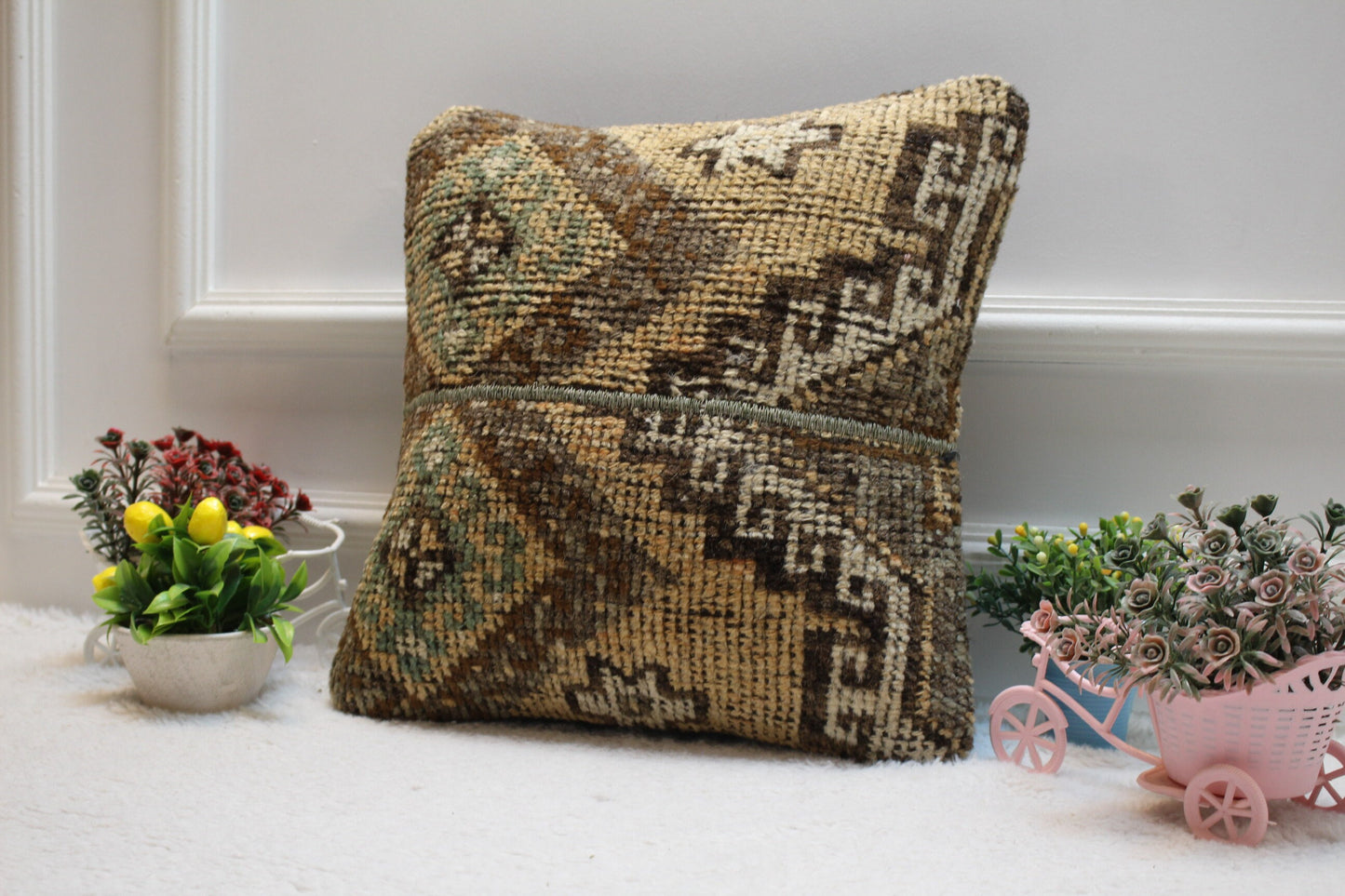 Handmade Turkish Rug Pillow Cover: Brown Organic Wool, 16x16 inc