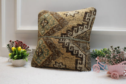 Handmade Turkish Rug Pillow Cover: Brown Organic Wool, 16x16 inc