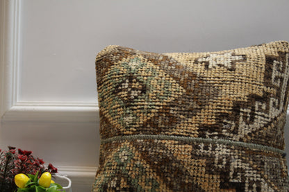 Handmade Turkish Rug Pillow Cover: Brown Organic Wool, 16x16 inc
