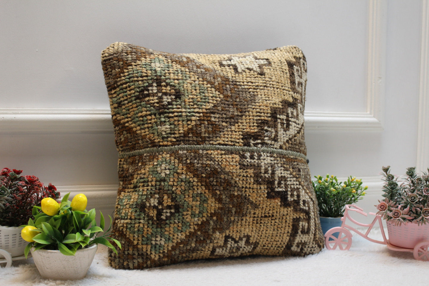 Handmade Turkish Rug Pillow Cover: Brown Organic Wool, 16x16 inc