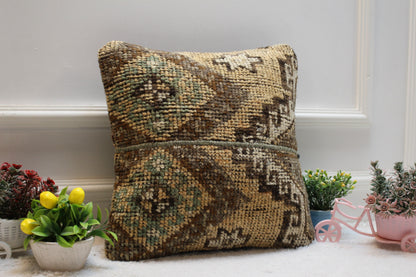 Handmade Turkish Rug Pillow Cover: Brown Organic Wool, 16x16 inc