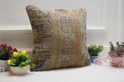 Handmade Turkish Rug Pillow Cover: Upcycled Organic Wool, 16x16 inch