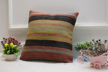 Striped Kilim Pillow Cover: Handmade Turkish Wool Cushion (16x16 in)