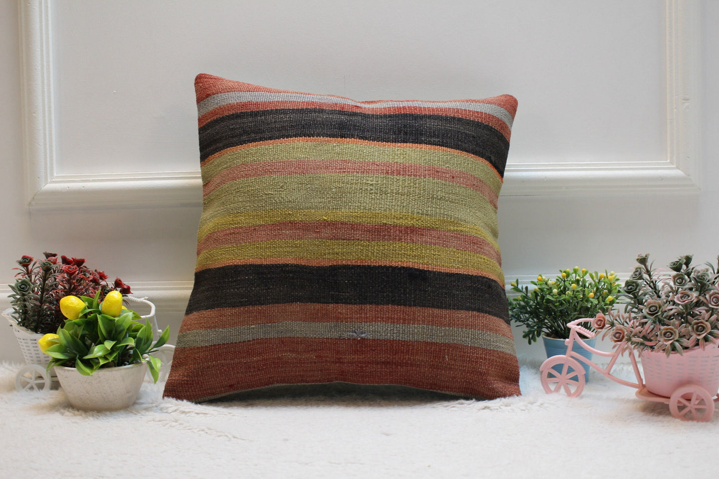 Striped Kilim Pillow Cover: Handmade Turkish Wool Cushion (16x16 in)