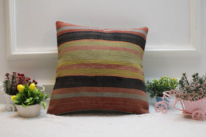 Striped Kilim Pillow Cover: Handmade Turkish Wool Cushion (16x16 in)