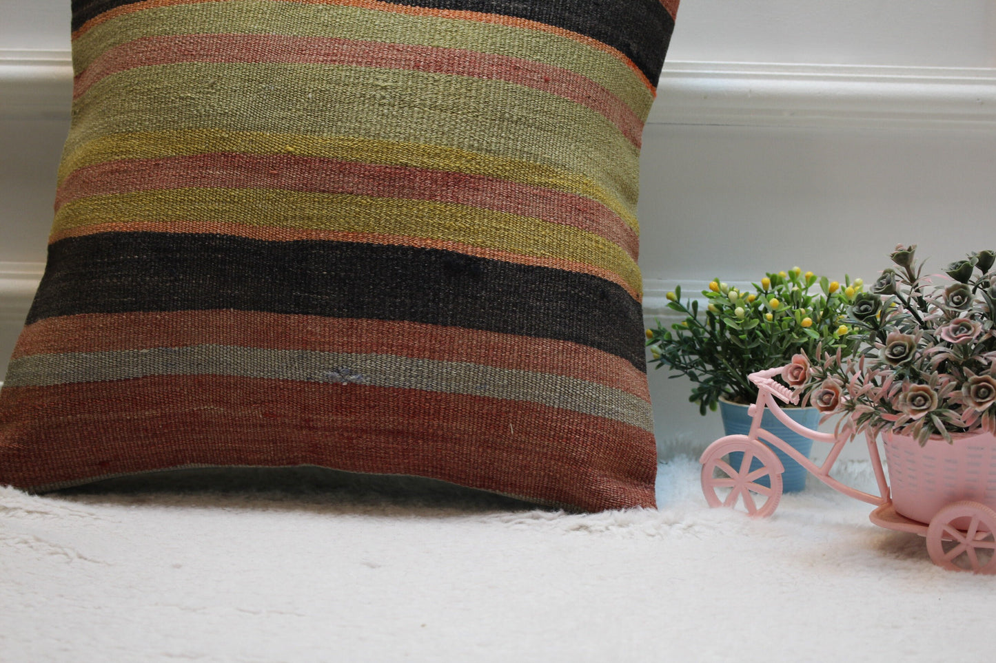 Striped Kilim Pillow Cover: Handmade Turkish Wool Cushion (16x16 in)