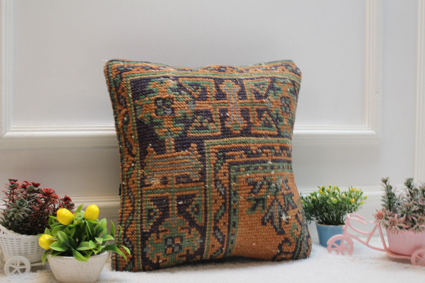 Orange & Blue Turkish Rug Pillow Cover: 16x16 Wool Kilim Pillow