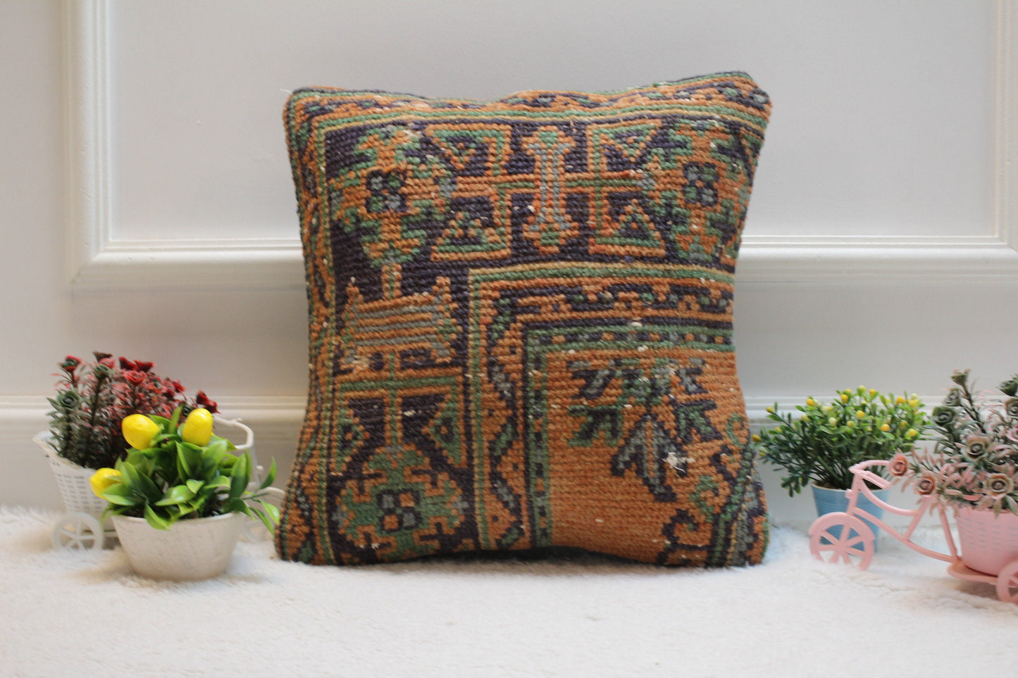Orange & Blue Turkish Rug Pillow Cover: 16x16 Wool Kilim Pillow