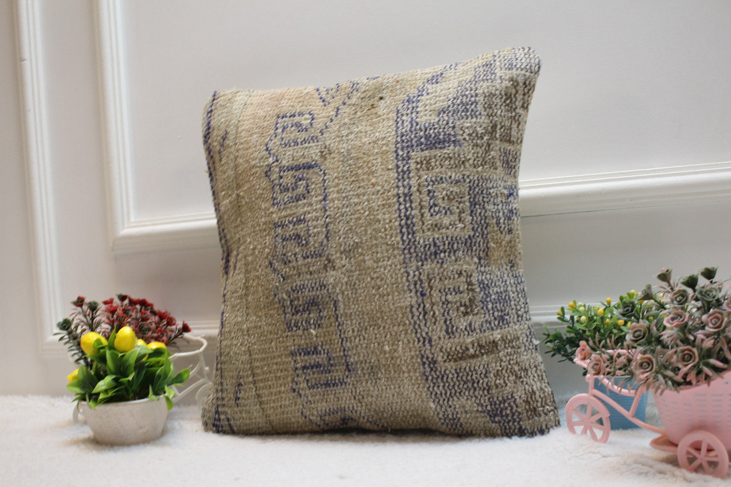 Handmade Turkish Rug Pillow Cover: Beige & Blue Woven Wool, 16x16 inch
