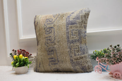 Handmade Turkish Rug Pillow Cover: Beige & Blue Woven Wool, 16x16 inch