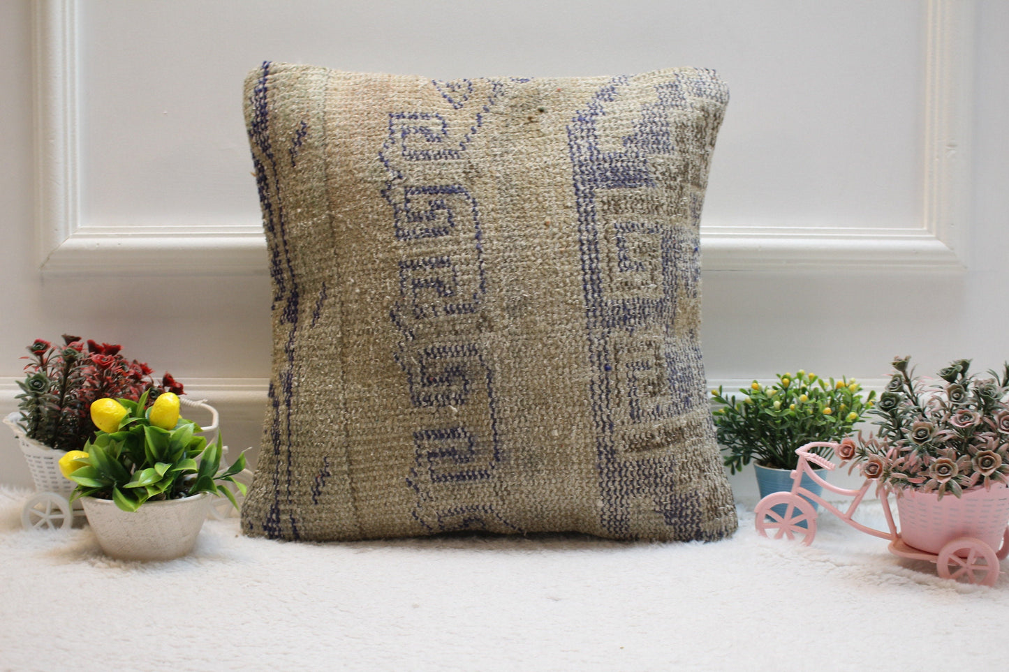 Handmade Turkish Rug Pillow Cover: Beige & Blue Woven Wool, 16x16 inch