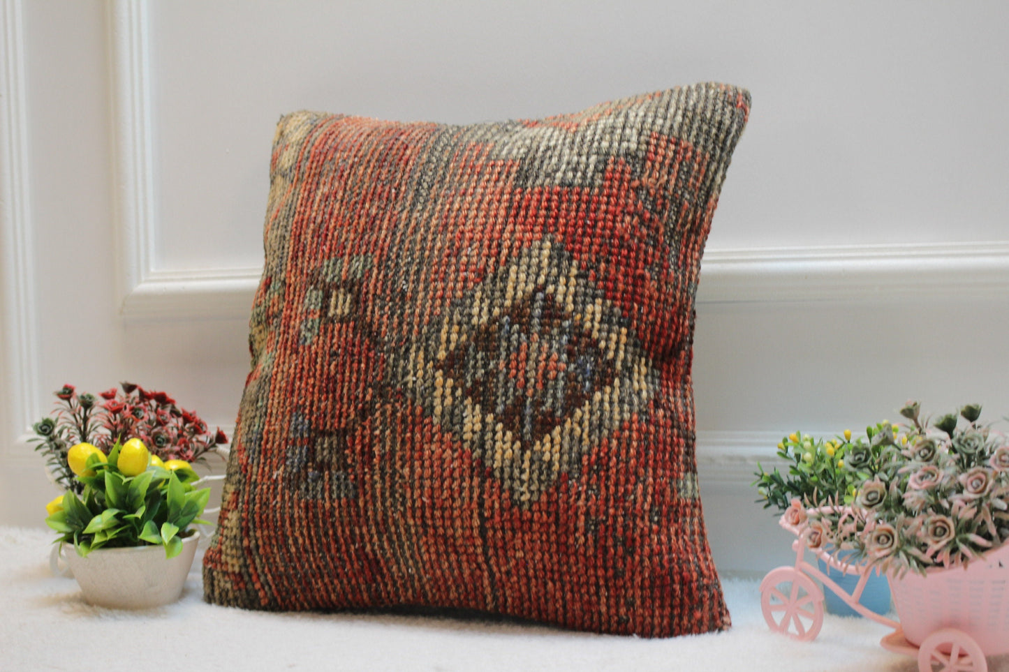 Red Vintage Turkish Rug Pillow Cover: 16x16 Organic Wool