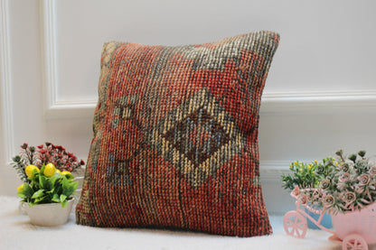 Red Vintage Turkish Rug Pillow Cover: 16x16 Organic Wool