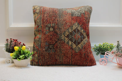Red Vintage Turkish Rug Pillow Cover: 16x16 Organic Wool