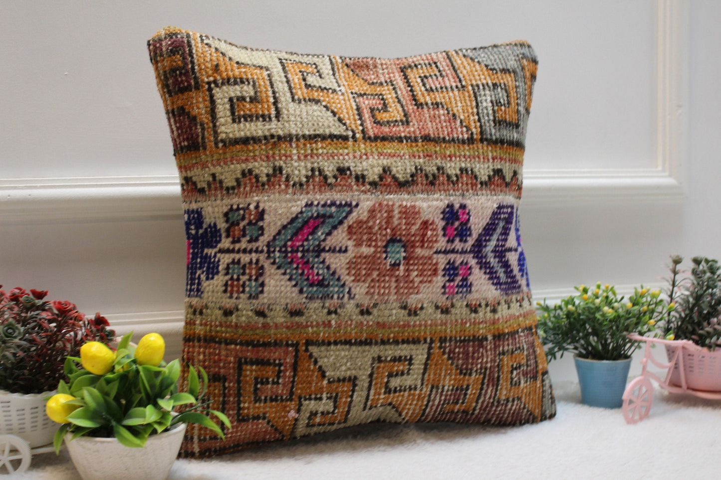 Handmade Turkish Rug Pillow Cover: Beige Brown Woven Wool, 16x16 inch