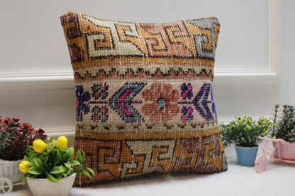 Handmade Turkish Rug Pillow Cover: Beige Brown Woven Wool, 16x16 inch