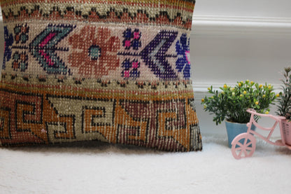 Handmade Turkish Rug Pillow Cover: Beige Brown Woven Wool, 16x16 inch