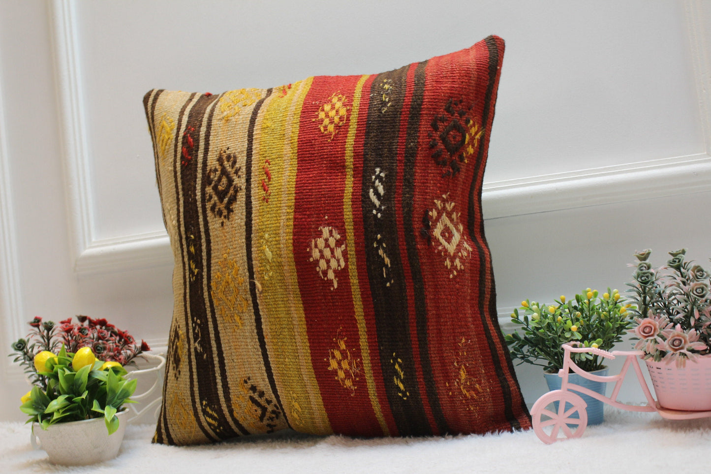 Striped Kilim Pillow Cover: Handmade Vintage Woven Rug, 16x16 inch