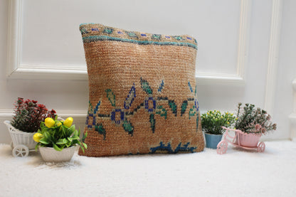 Orange Turkish Rug Pillow Cover: Vintage Kilim, 16x16 inc