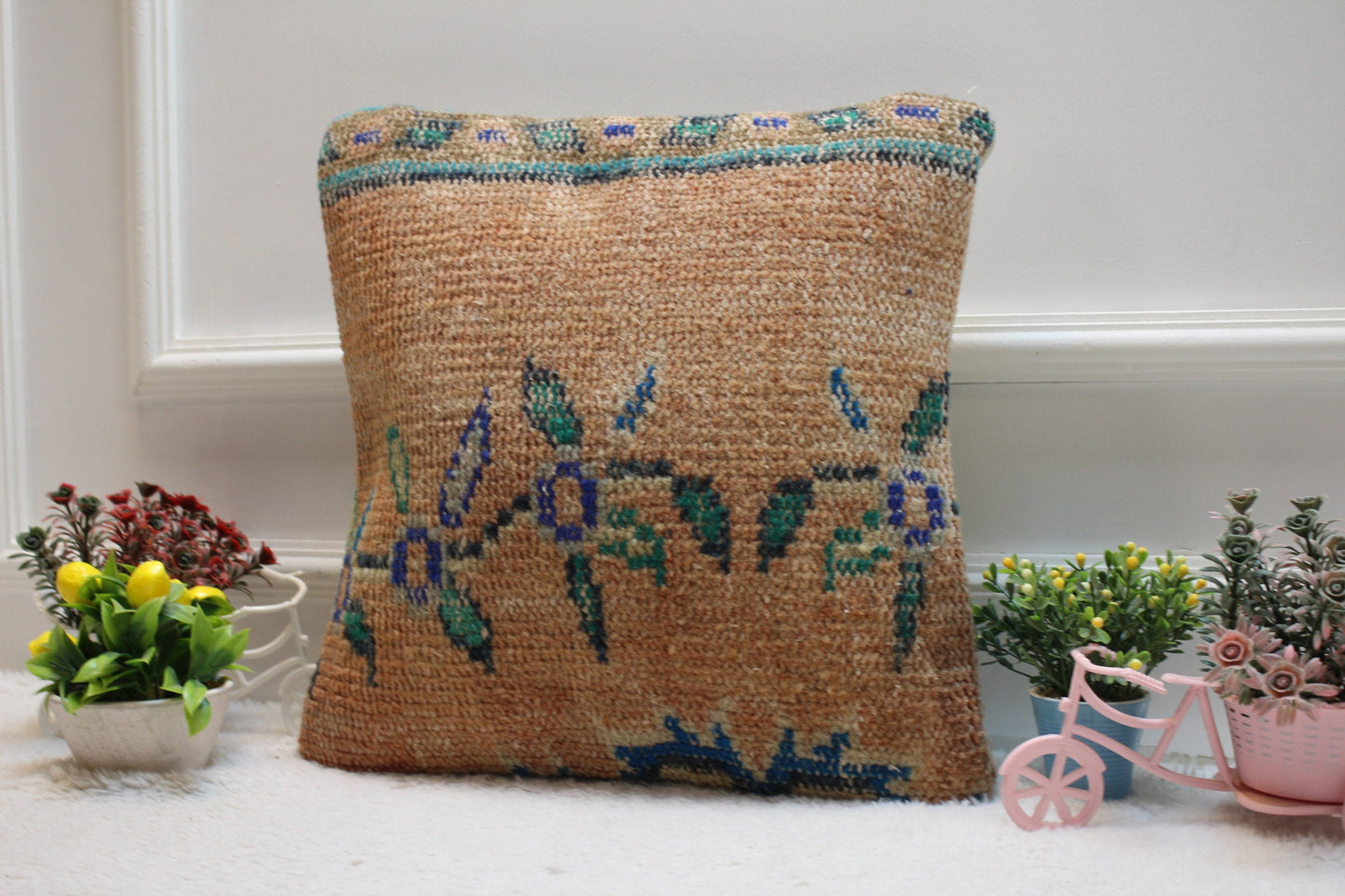 Orange Turkish Rug Pillow Cover: Vintage Kilim, 16x16 inc