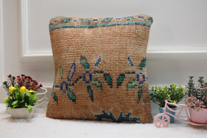 Orange Turkish Rug Pillow Cover: Vintage Kilim, 16x16 inc