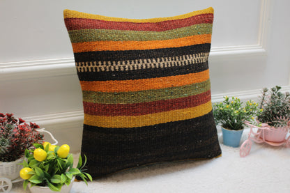 Striped Kilim Pillow Cover: Organic Wool Turkish Home Decor (16x16 inc)