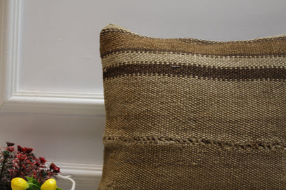 Vintage Brown Turkish Kilim Pillow Cover: Handwoven Wool, 16x16 Square
