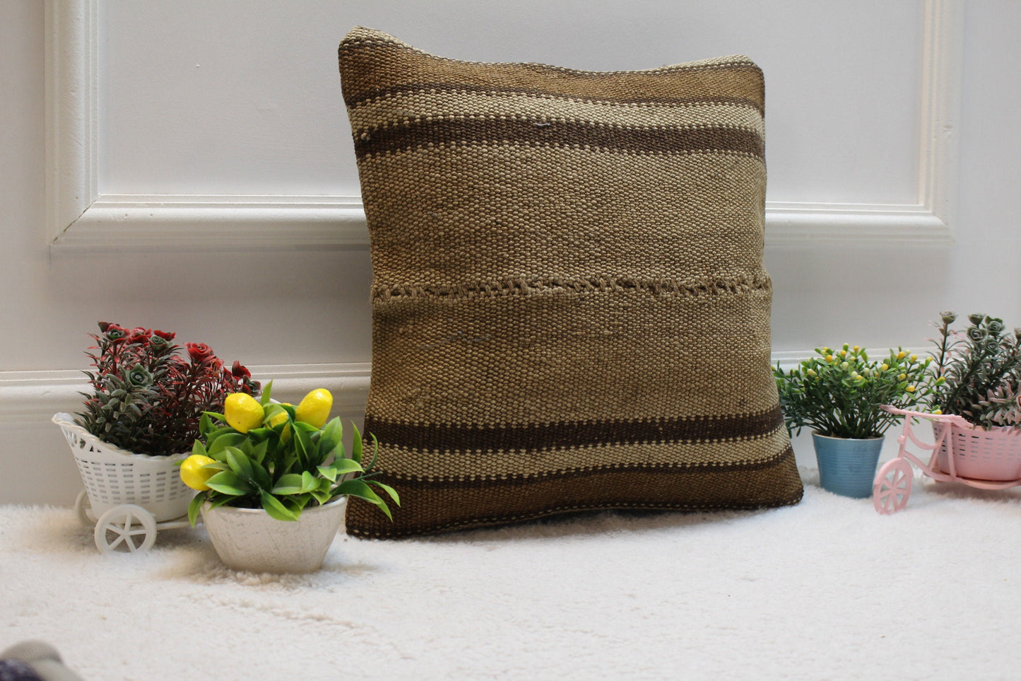 Vintage Brown Turkish Kilim Pillow Cover: Handwoven Wool, 16x16 Square