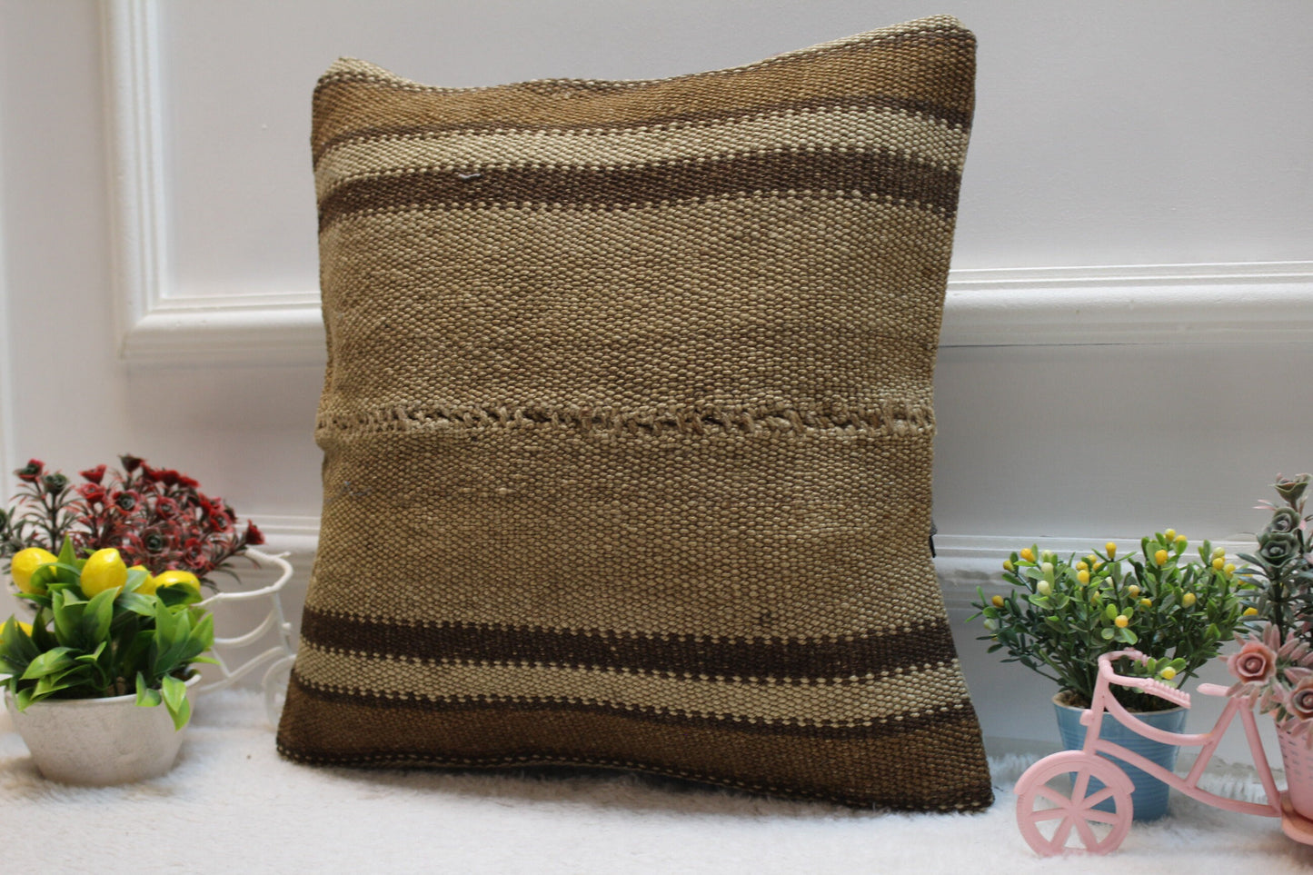 Vintage Brown Turkish Kilim Pillow Cover: Handwoven Wool, 16x16 Square