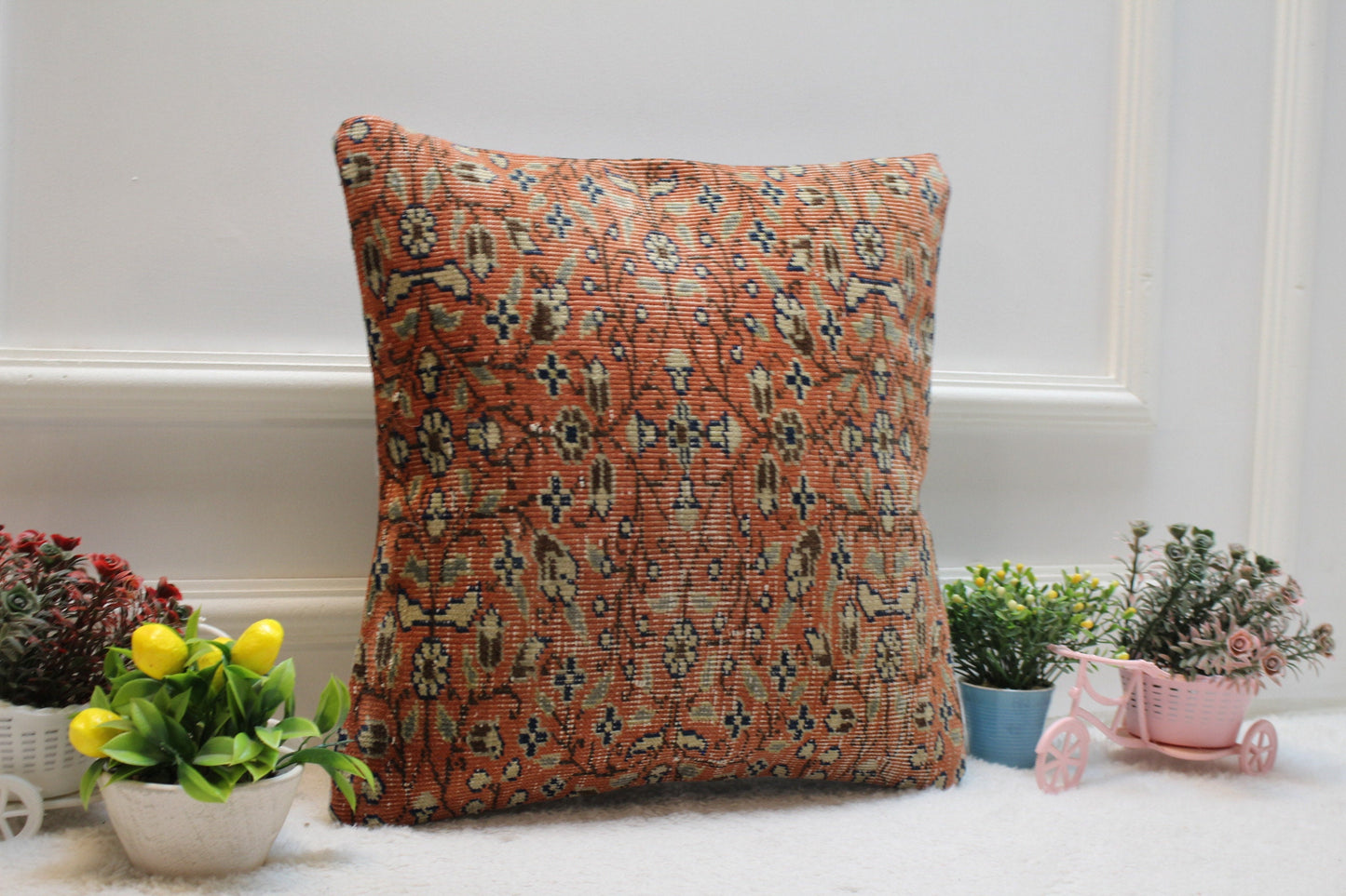 Floral Turkish Rug Pillow Cover: Upcycled Wool, 16x16 inch