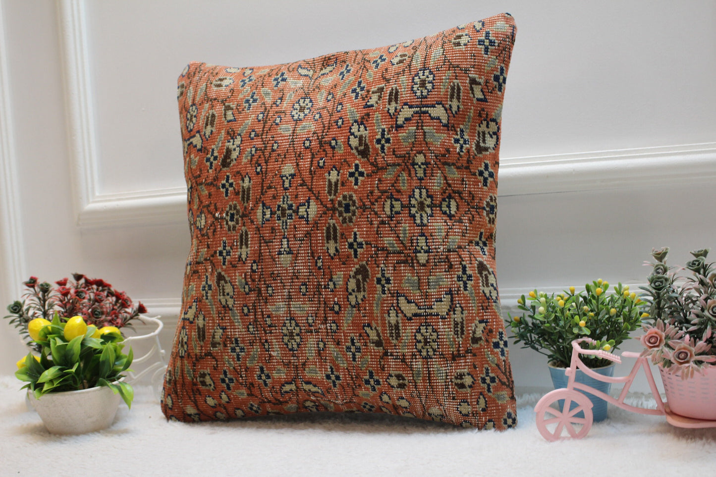 Floral Turkish Rug Pillow Cover: Upcycled Wool, 16x16 inch