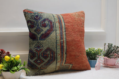 Vintage Turkish Rug Pillow Cover: 16x16 Square Kilim Pillow
