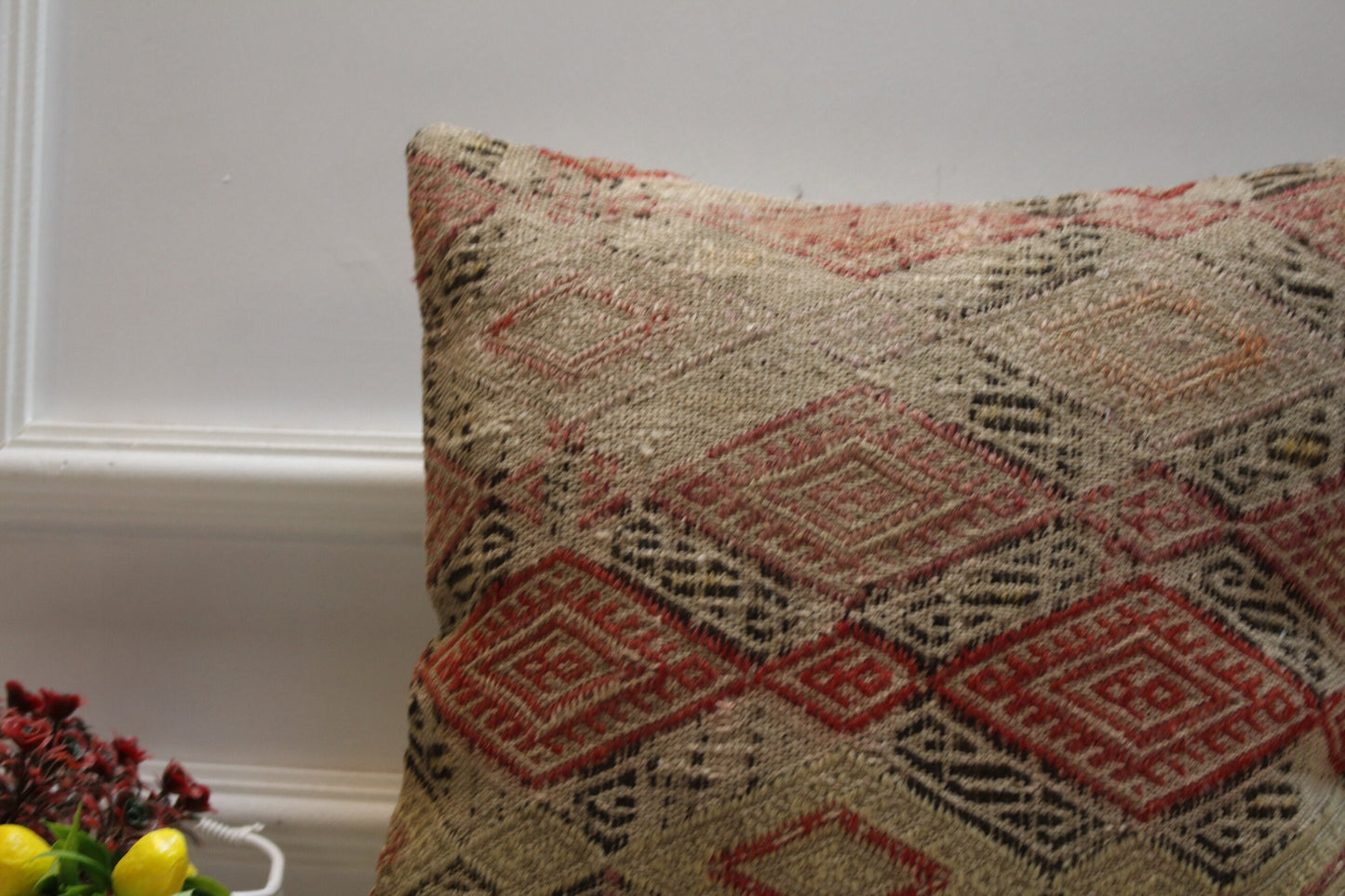 Handmade Kilim Pillow Cover: Geometric Woven Wool, 16x16 inch