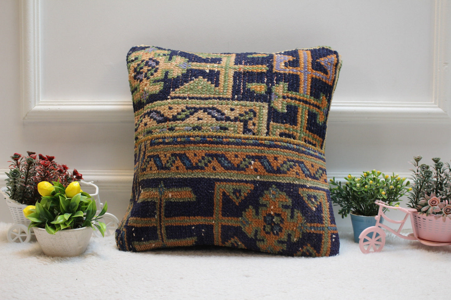 Handmade Kilim Pillow Cover: Geometric Turkish Rug, 16x16 Square