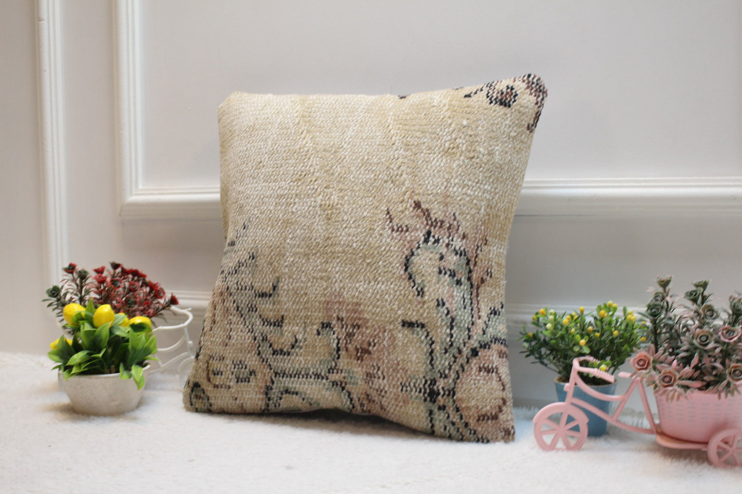 Handmade Kilim Pillow Cover: Beige Vintage Turkish Rug, 16x16 inc