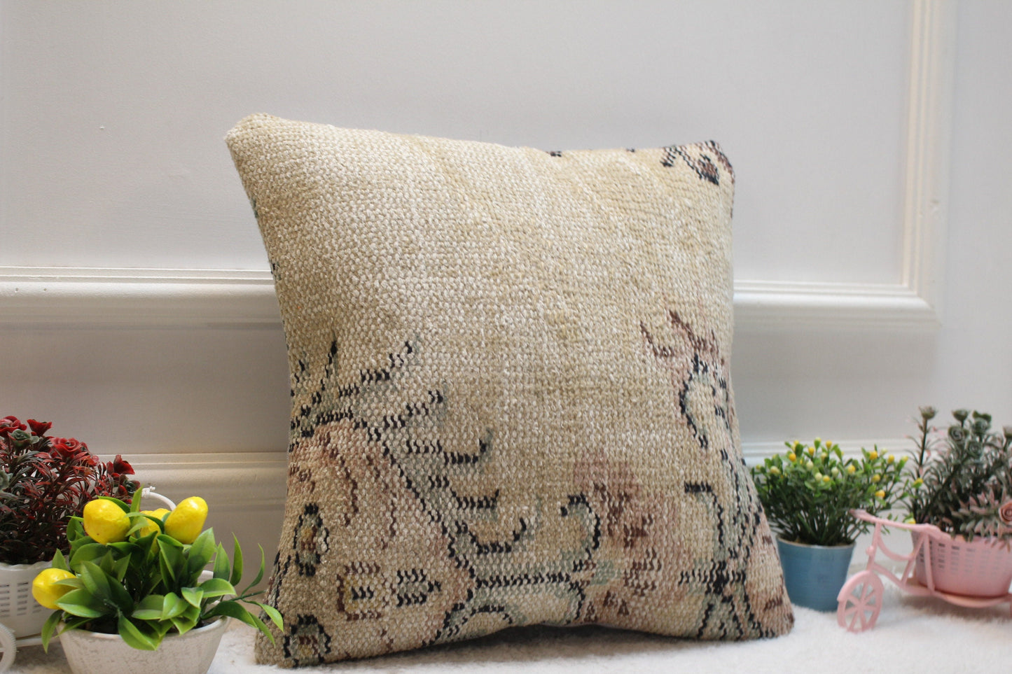 Handmade Kilim Pillow Cover: Beige Vintage Turkish Rug, 16x16 inc
