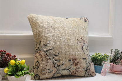 Handmade Kilim Pillow Cover: Beige Vintage Turkish Rug, 16x16 inc